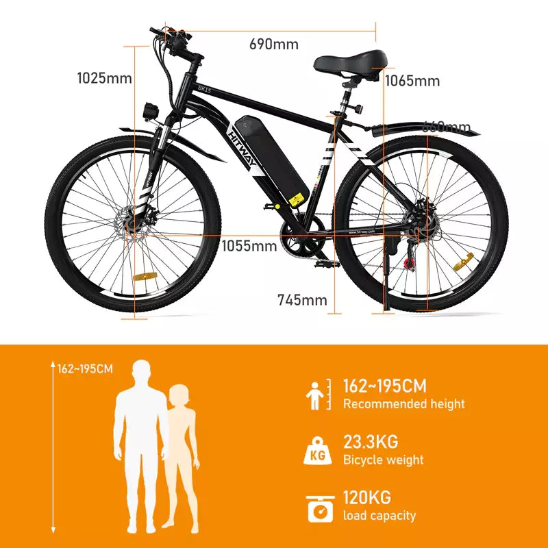 Hitway BK15 2025 Version 250W 26" Electric Mountain Bike 36V 12Ah Battery Front Suspension Spoked Wheels